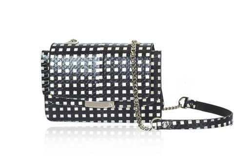 Mini Jackie O shoulder bag in monochrome water snake leather with a silver chain strap and designer logo plaque.