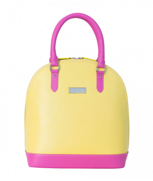 Bright yellow and pink textured leather Stella tote bag with silver-tone hardware and a chic structured design.