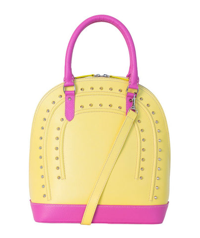 Yellow and pink textured leather Stella tote with silver-tone studs, removable strap, and zip-top closure.
